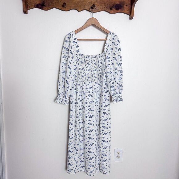 House of Harlow 1960 Linen Smocked Bodice Floral Midi Dress NWOT - Picture 2 of 6